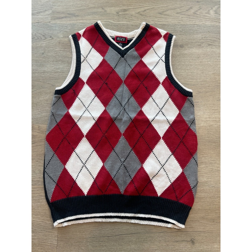 The Childrens Place Boys Argyle Sweater Vest Red Grey Size L 10/12 V-Neck